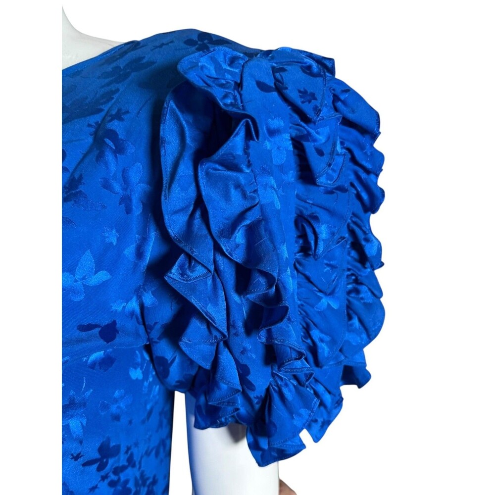 Vintage 80s Maggy London silk Dress Womens 8 Blue Jaquard Puff Sleeve Ruffle - Picture 3 of 6